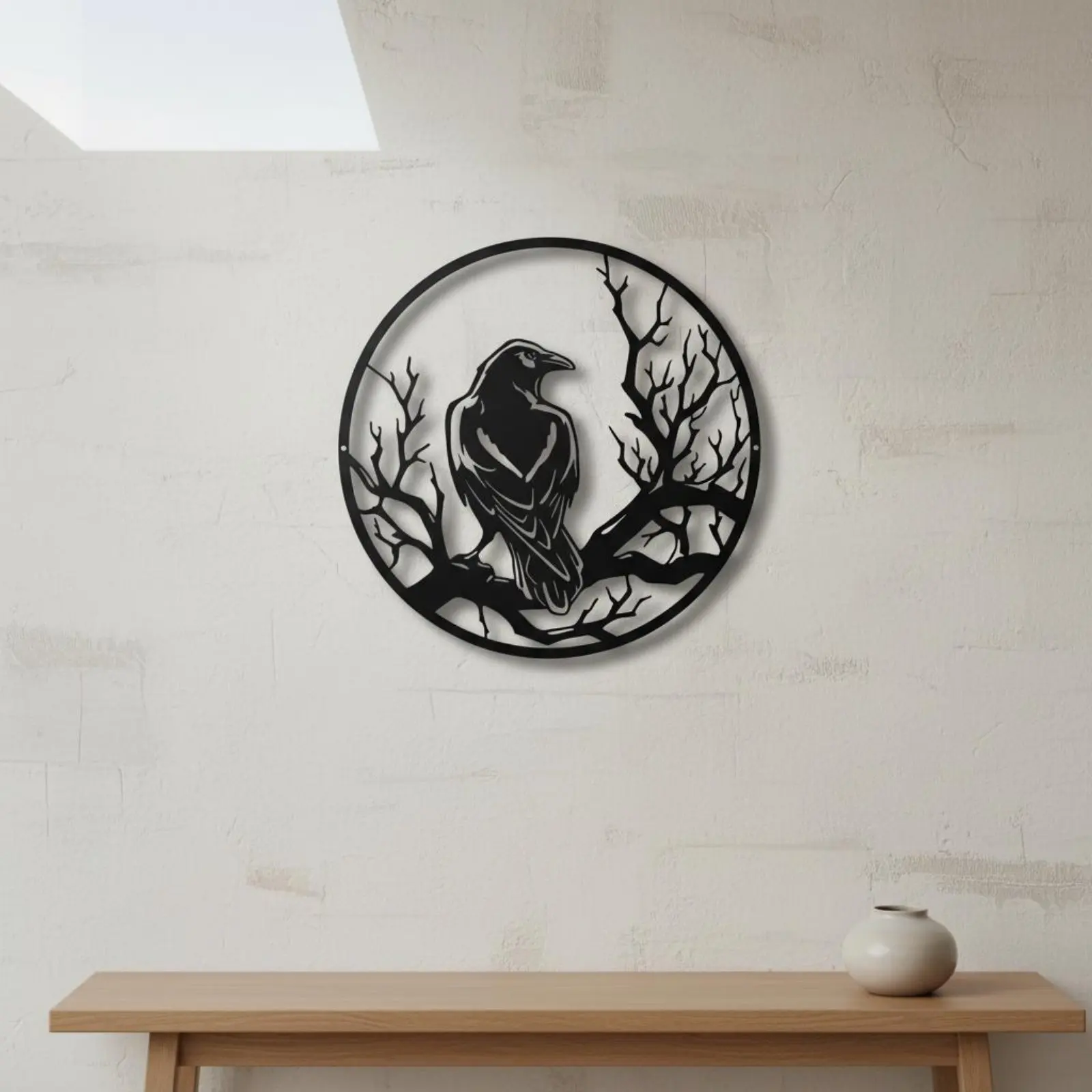 

Crow Outline Wall Art Sturdy Iron Construction Metal Crow Wall Art Round Avian on Branch Sculpture Hollow-Openwork Design