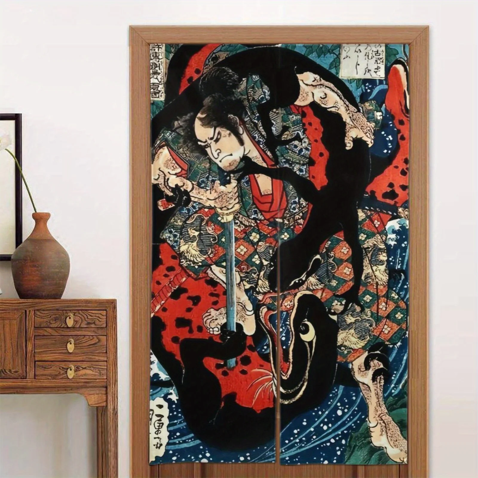 japanese samurai and snake door curtain ukiyo e art dramatic scene half panel room divider home decor Suitable for all seasons