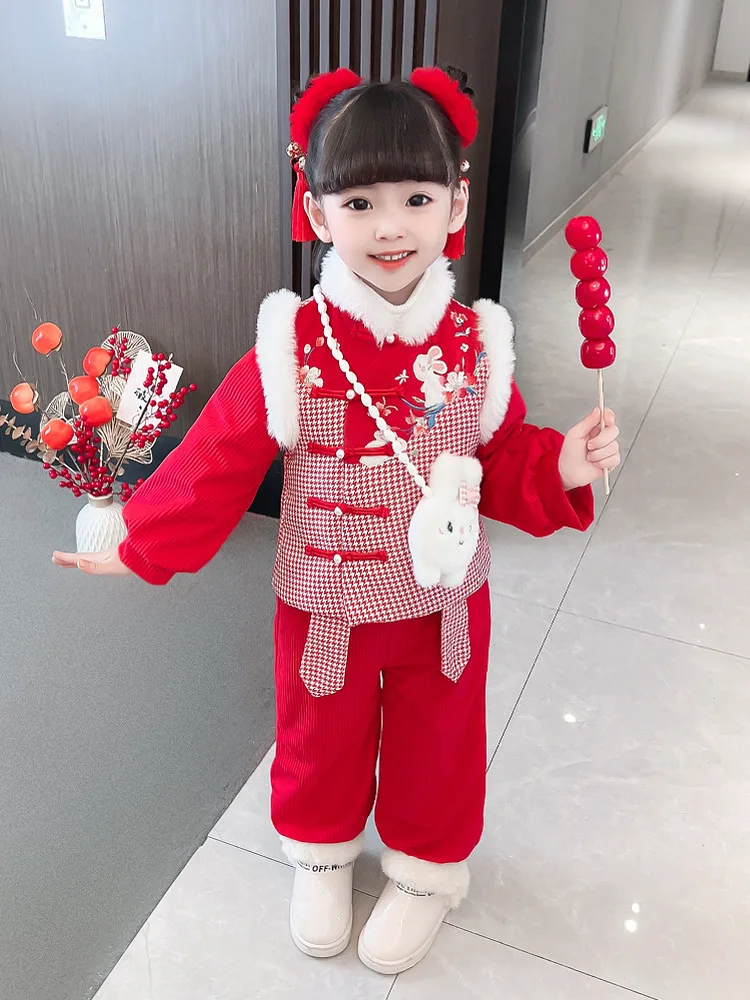 

Girls' New Year's Eve Dress 2023 Set Baby's Week Grasping Winter Hanfu Fashionable Children's Clothing Year Tang Clothing Girl