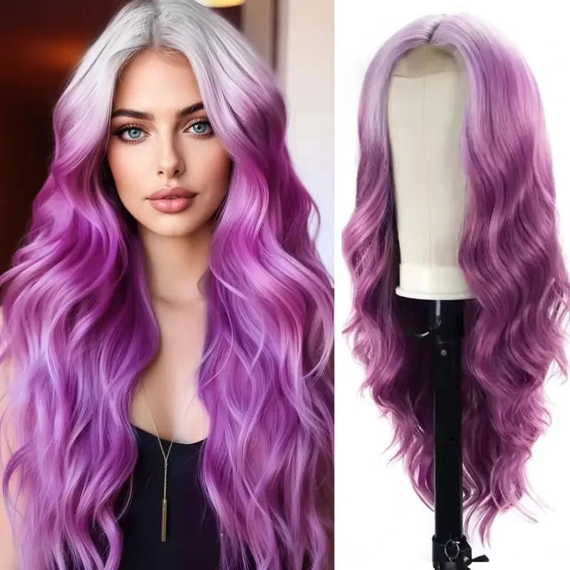 طويل متموج 4x4 الدانتيل إغلاق الجزء الأوسط شعر مستعار 26 بوصة أومبير الأرجواني شعر مستعار الاصطناعية مجعد الباروكات تأثيري حفلة للنساء مقاومة للحرارة #2