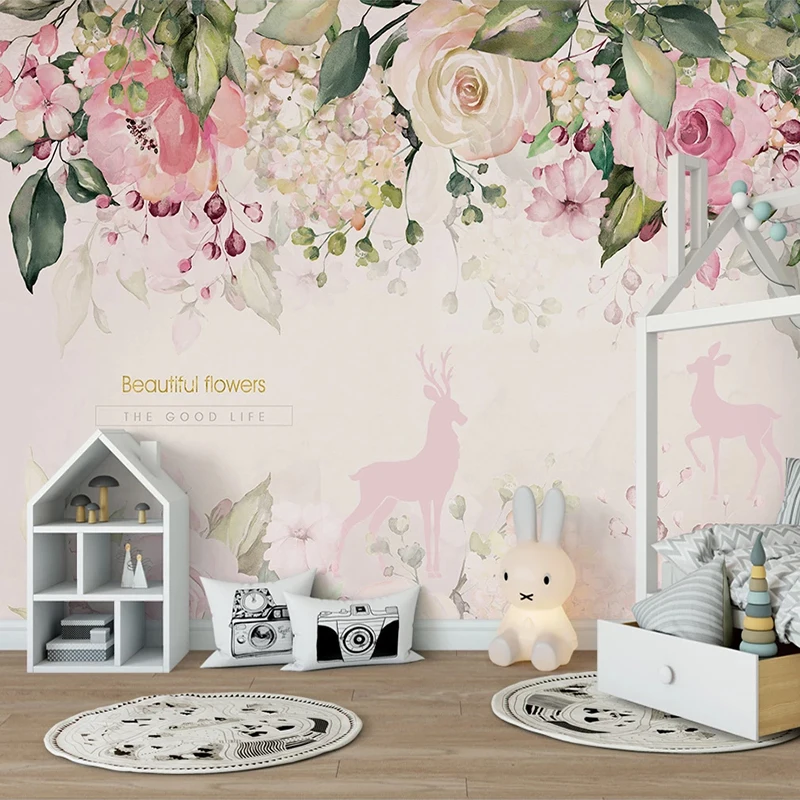 

custom 3d Wallpaper flower mural cartoon children's room deer bedroom TV living room background wall modern dining room elk 8d