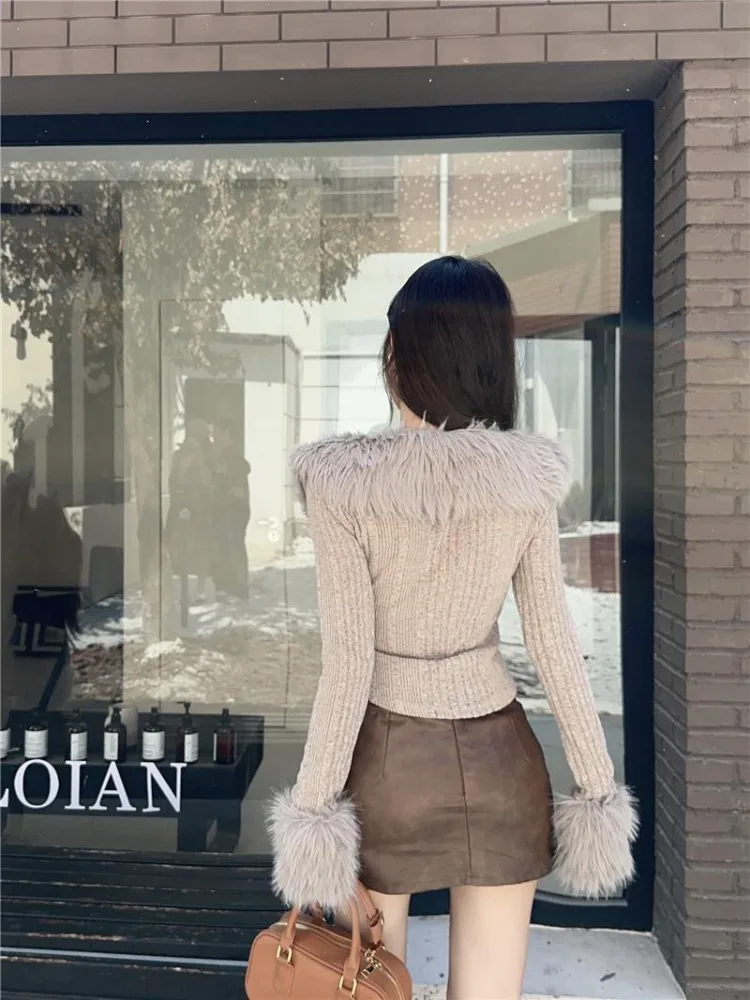 Wiosna Jesień Nowy Futrzany Kołnierz Kardigan Płaszcz Kobiety Y2k Grunge Slim Fit Zamek błyskawiczny Dzianinowe Topy Mujer Kurtki Casualowe z długim