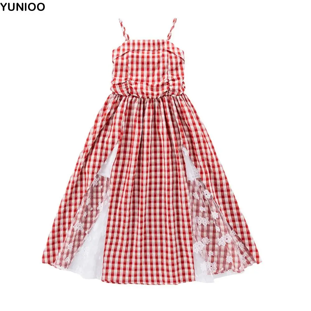 

Suspenders Children Plaid Dress Sleeveless Princess Kids Grid Long Dress Ruffled with Mesh Lace Flower Girls Patchwork Skirt