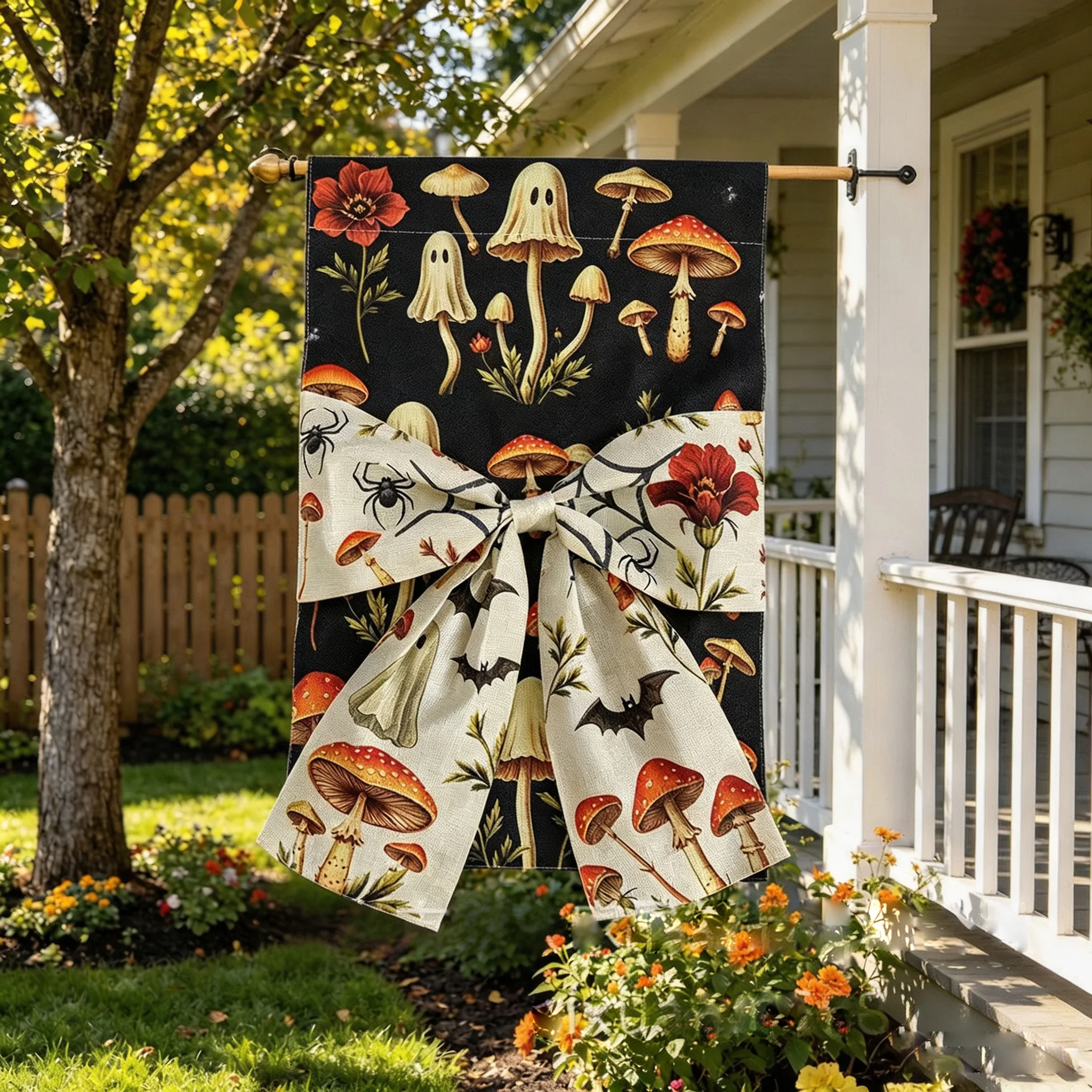 Halloween Garden Flag with 3D Bow, 12x18 Inch Waterproof Linen Welcome Skeleton Ghost Yard Flag, Trick or Treat Outdoor Decor