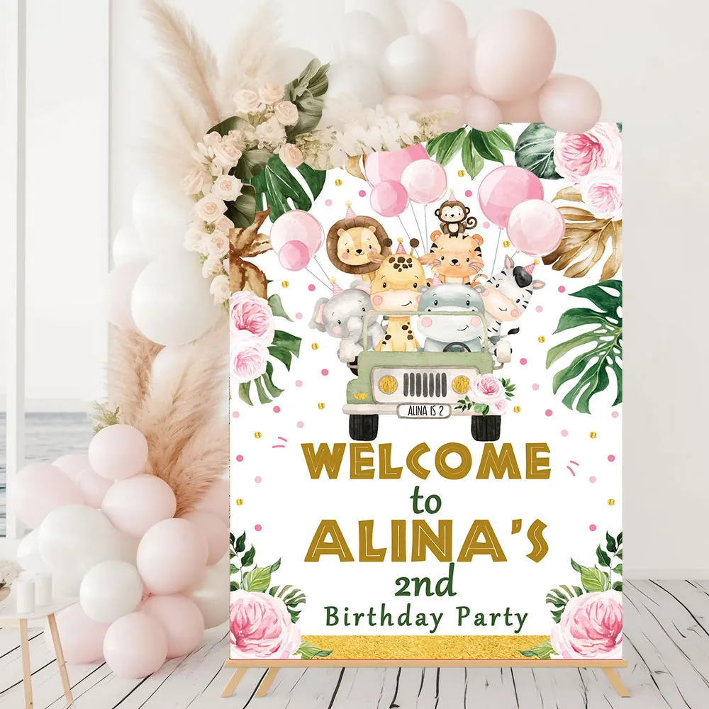 Birthday Welcome Sign Custom Poster Jungle Safari Animals Art Print Nordic Canvas Painting Personalized Wall Picture Party Decor