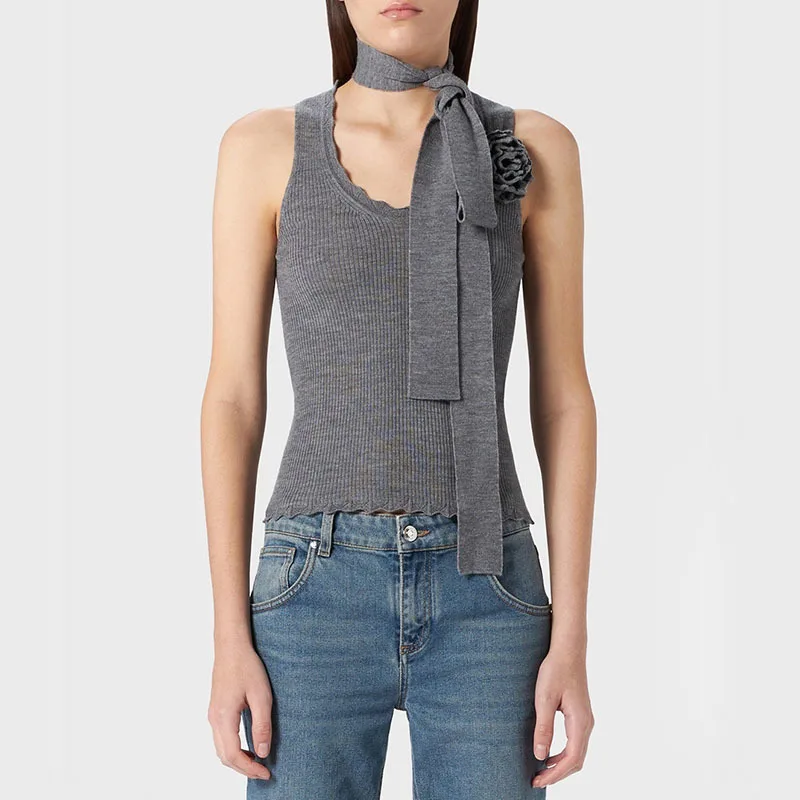 

Women's Elegant Gray Wool Flower Knitted Vests High End Clothes Sleeveless V Collar Slim Elastic Force Vest Tops Autumn New 2024