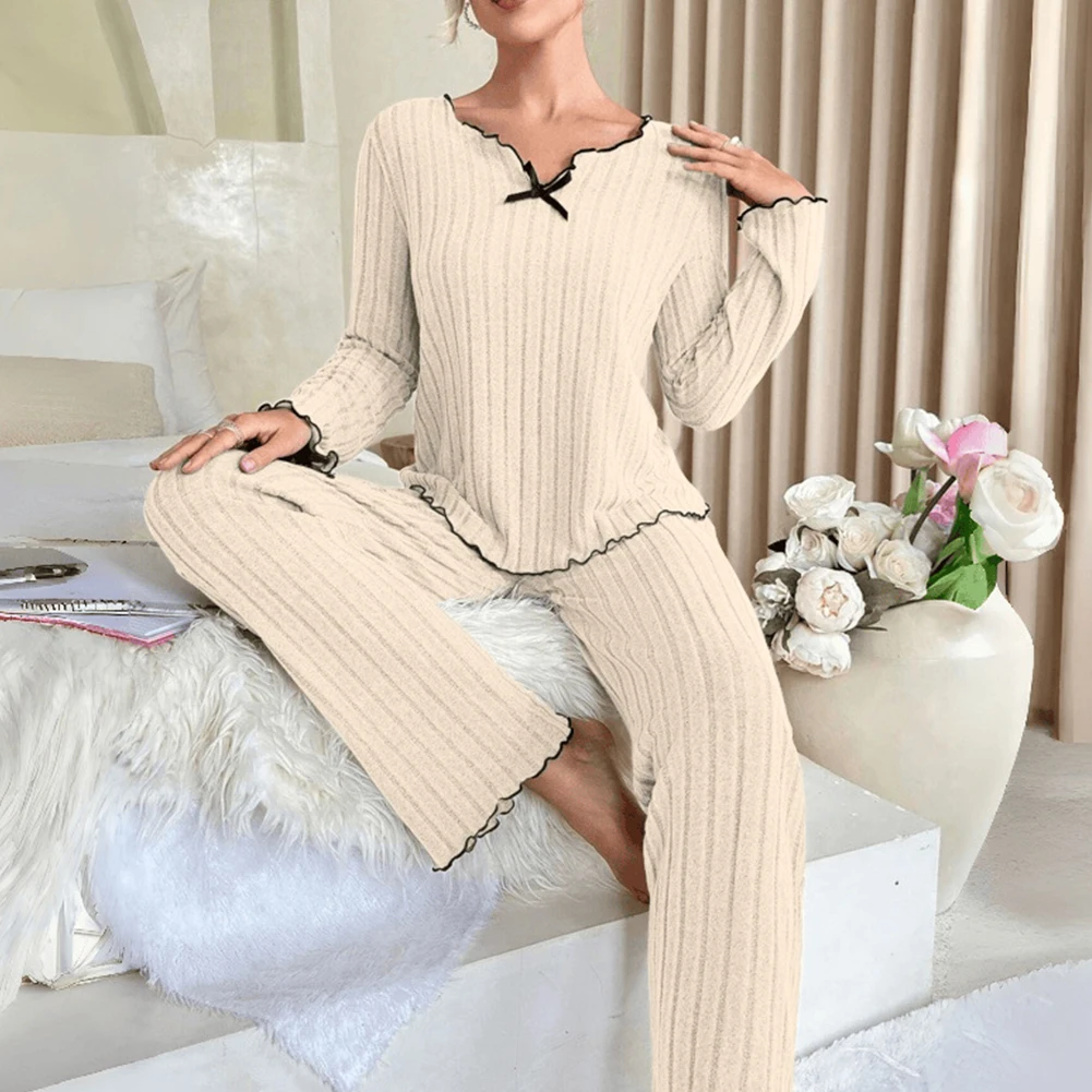 

1set Women's Casual Pajama V-neck Black Edge Casual Sleepwear Comfortable Breathable Long Sleeve Home Wear Set