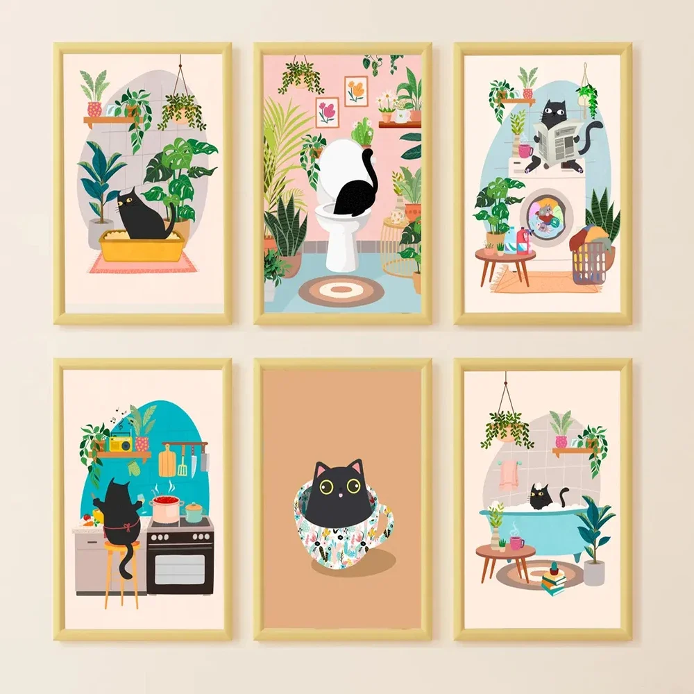 Black Cat Bubble Bath Art Canvas Poster Funny Cat Print Bathroom Mural Abstract Wall  Decoration Painting Home Gift unframed