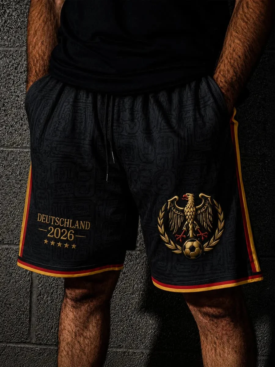 Men 2026 Football Fan Shorts Black All Over 3D Print German Soccer Training Shorts Breathable Loose Sport Shorts