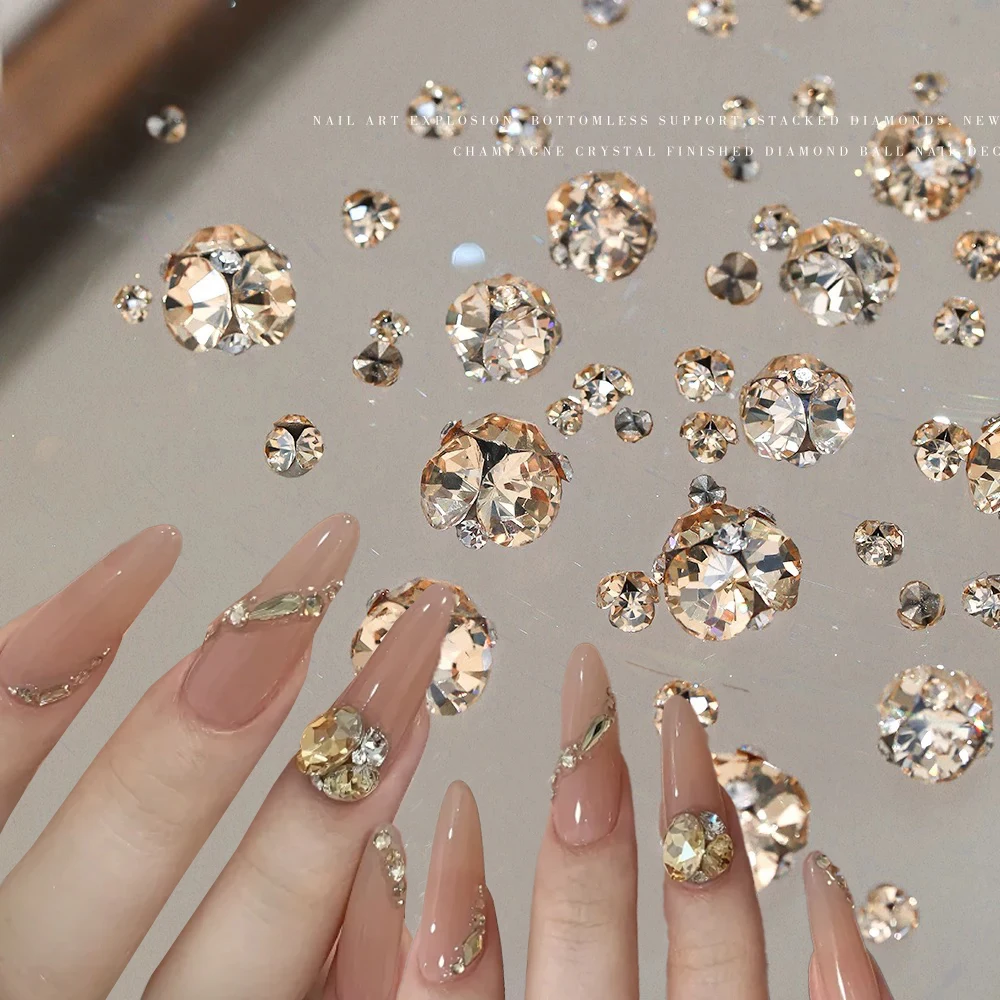 10/14Pcs 3D Champagne Shiny Drill Pile Diamond Nail Charms SS6-SS28 Pile Crystal Rhinestones Nail Jewelry K9 Manicure Accessorie