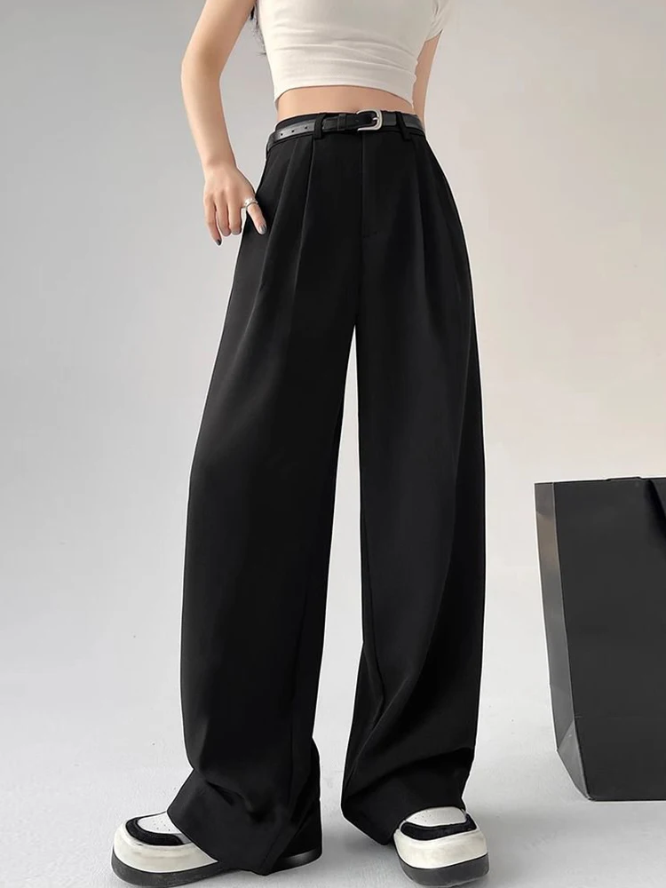 Botvotee بدلات غير رسمية سروال للنساء مكتب أنيق أنيق واسع الساق عالي الخصر بنطلون أسود مع حزام ملابس الشارع الشهير Y2k Fashion #4