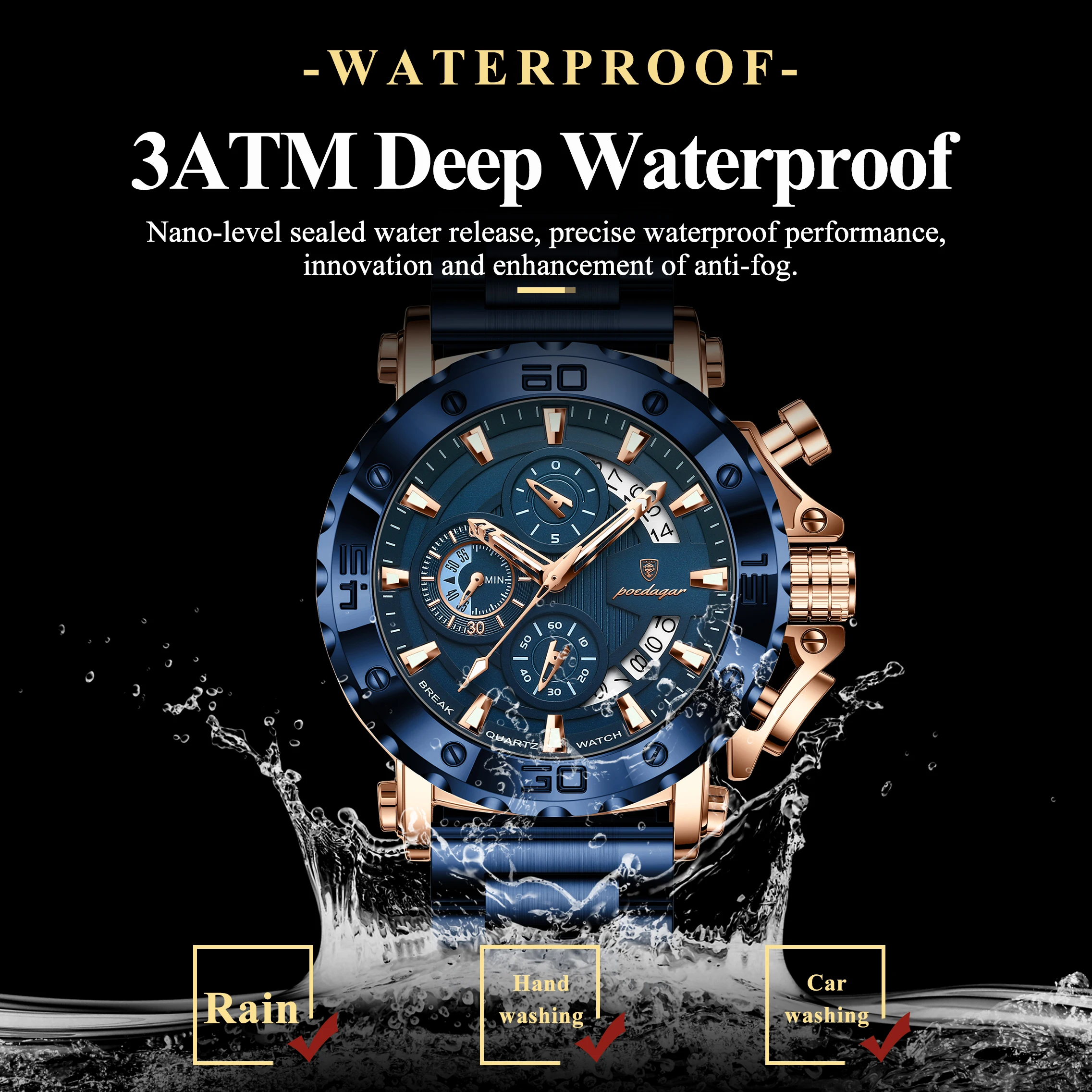 POEDAGAR Luksusowy Męski Zegarek na Rękę Datownik Luminescencyjny Wodoodporny Kwarcowy Zegarek Męski Chronograf Stal Nierdzewna Modne Zegarki Męskie Reloj