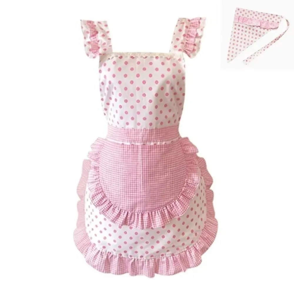 Polka Dot Pattern Kitchen Apron Gingham Pattern Ruffle Trim Maid Cosplay Outfit Pink Color Design With Matching Headscarf