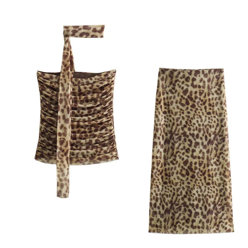 

2025 Women's Vintage Tulle Leopard Print Midi Skirt Suit Casual Suit High Waist A-Line Skirt Backless Off Shoulder Tube Skirt