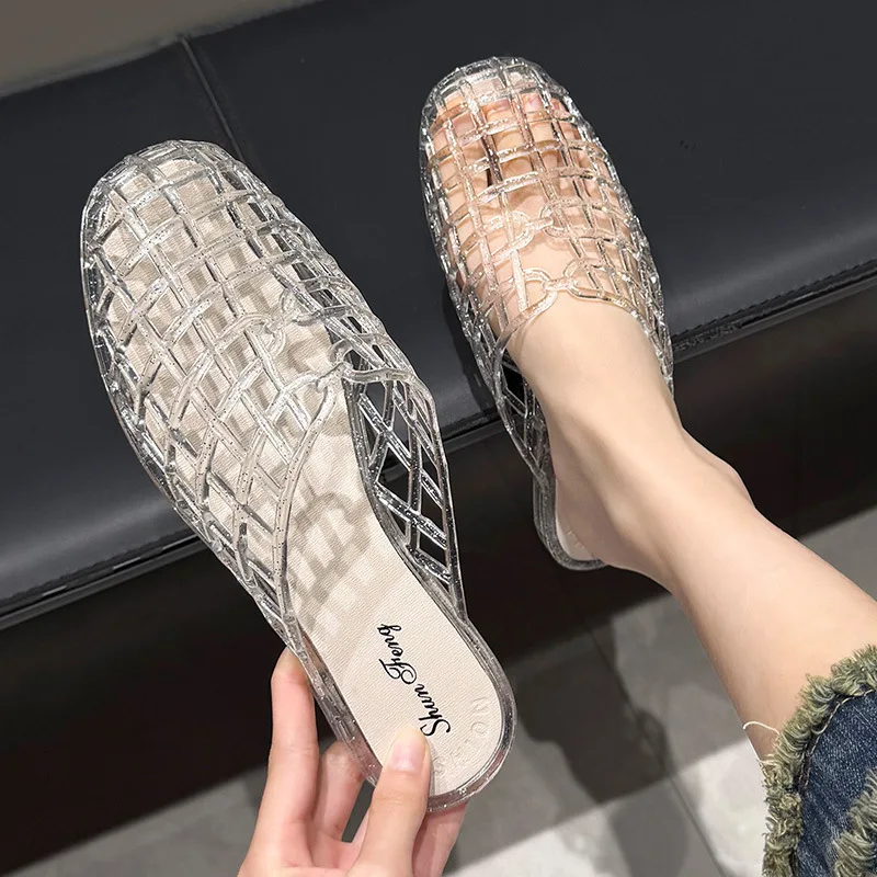 Women's slippers summer breathable women's cool sandals summer sparkling flat hollow out versatile hooded cool sandals for women image 3