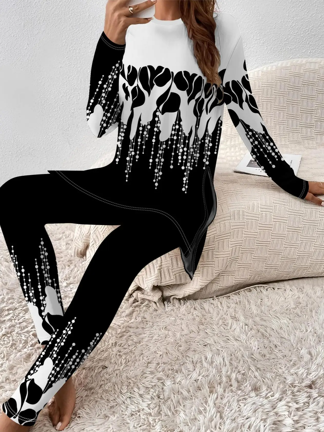 

Printed Design Spring and Autumn styles Black White Floral Drip Pattern casual style women's pants suit