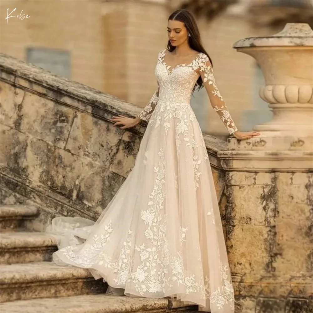 Kobe Tiered Ruffle Appliques Ball Gown Wedding Dresses Long Mesh Sleeves vestidos de noche Trailing Formal Evening Customized