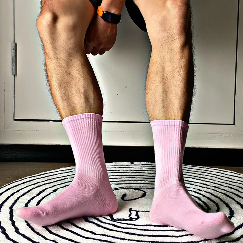 

Medium Tube Socks Men's Pink Fashion Solid Color Sexy Gay Trend Sweat-absorbing Breathable High Tube Cotton Sports Stockings