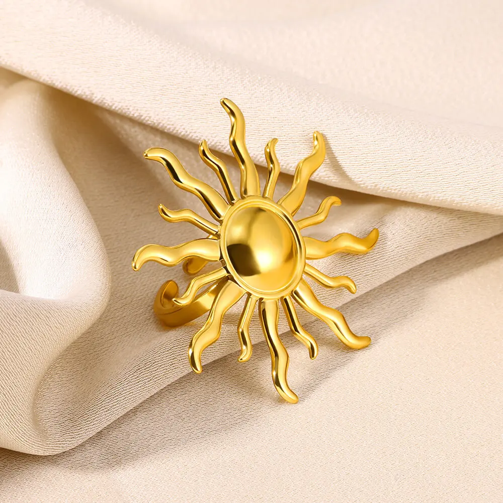 Gold Color Exaggerated Sun Rings For Women Goddess Stainless Steel Bague Jewelry Fashion Anniversary Party Lucky Anillos Gifts