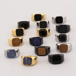 Vintage amber stone hand decoration trend stainless steel square black agate men's ring