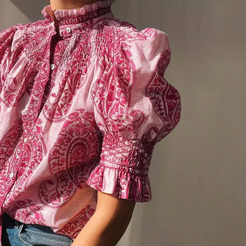 Vintage Ethnic Print Women\'s Pleated Blouse Chic Ruched Stand Neck Short Puff Sleeves Buttons Shirts 2024 Ladies Elegant Streetw