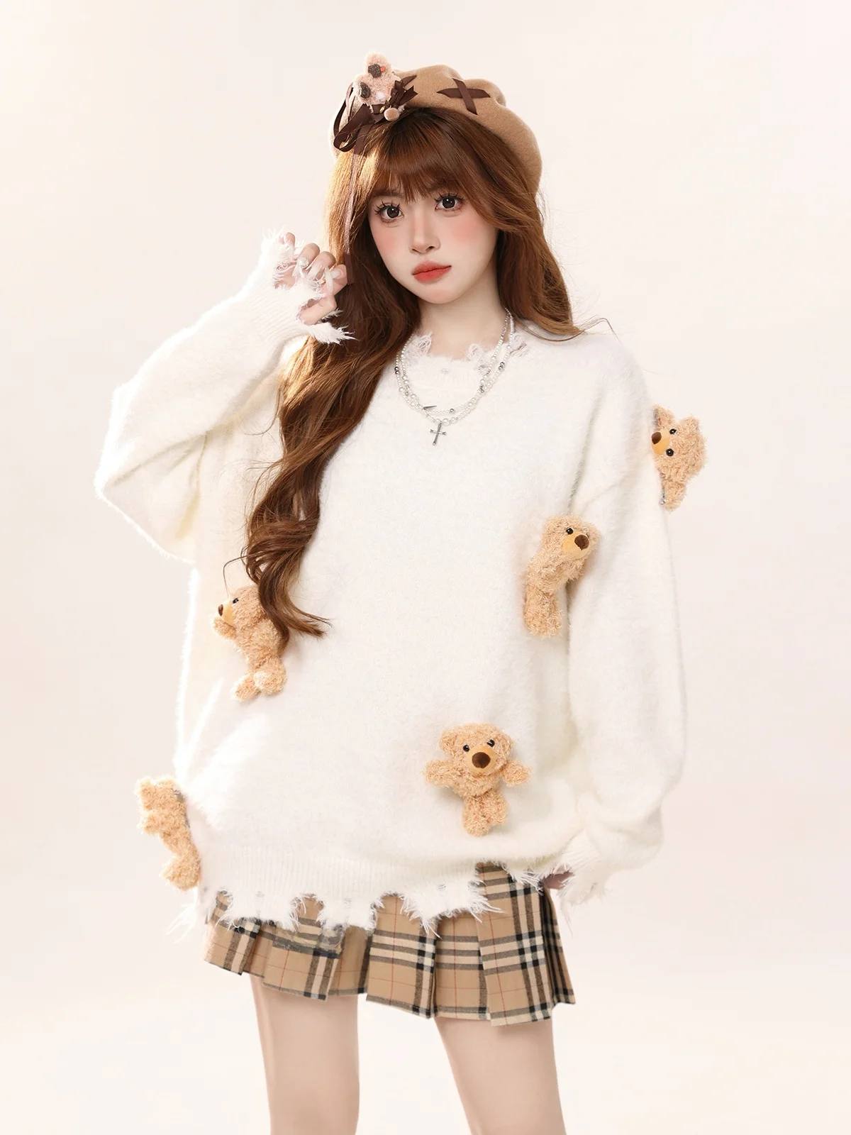 

Очаровательный свитер с мишкой Тедди, женский свободный вязаный винтажный кардиган, осенняя коллекция 2024, модный дизайн, повседневный, комфортный крой