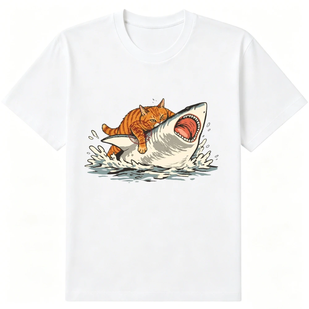 Funny Orange Cat Shark Ocean Battles Cartoon Men T Shirt Cute Pet Animal Art Print Summer Holiday Top for Cat Dad