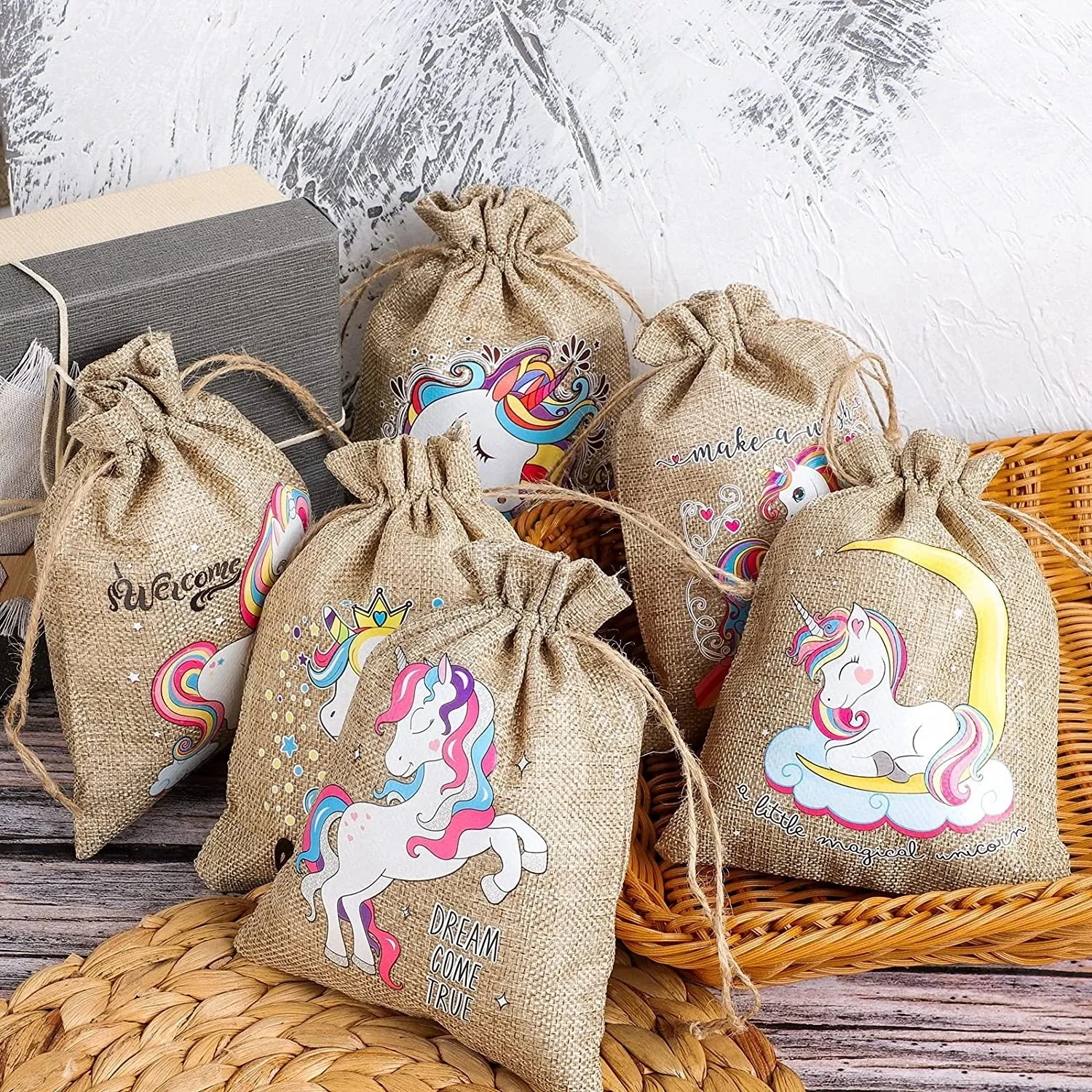 12 Burlap Candy bags Magical magic Rainbow Unicorn themed girl Birthday Party baby shower thank you welcome decoration Gift