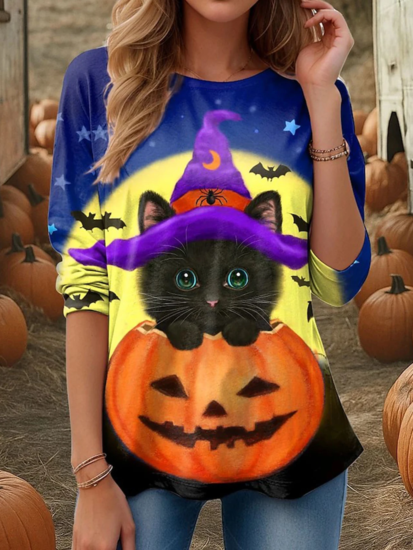 

Halloween Women's T shirt Witch Vintage Graphic Tee Tops Crew Neck Long Sleeve Tunic Regular Tops Soft Basic Fall Outfit Clothes