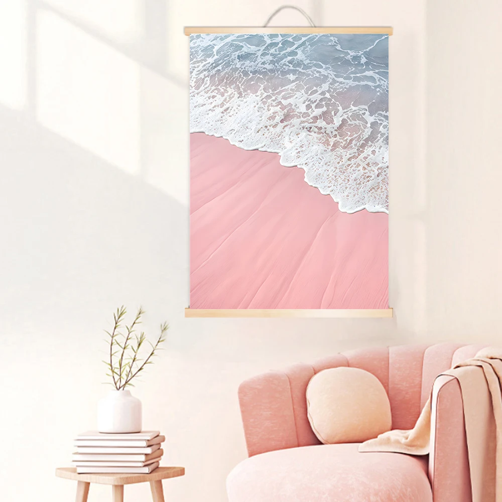 Oblong Modern Pink Flower Solid Wood Hanging Paintings Canvas Poster Beautiful Beach Decorative Painting with Motivational Quote