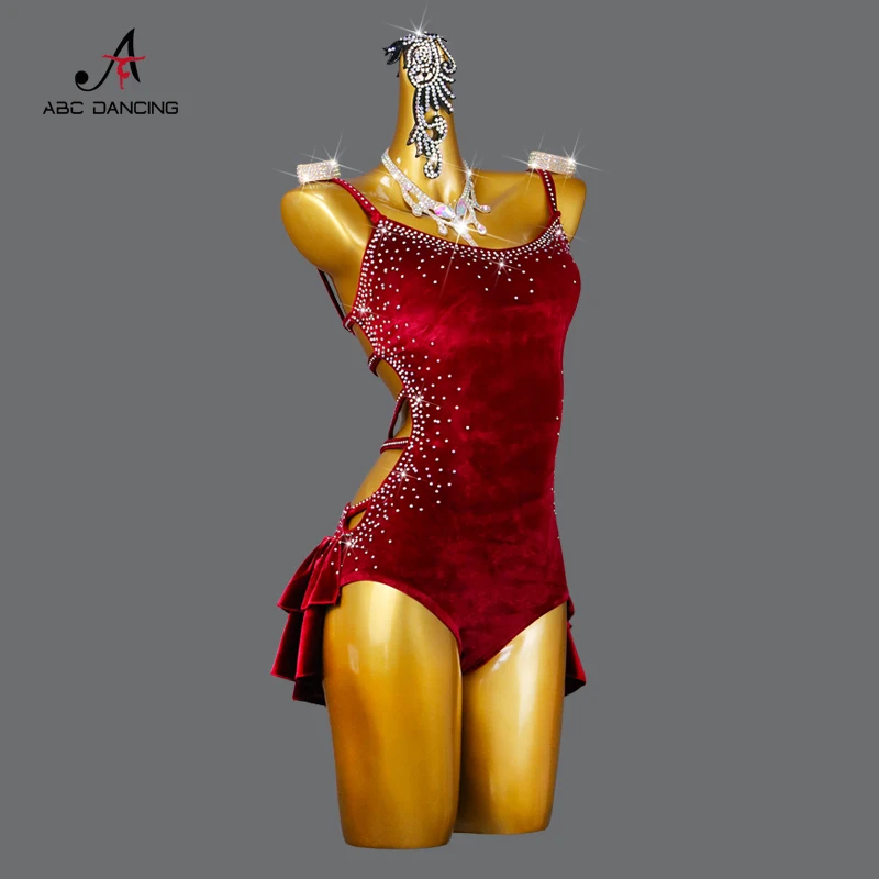 Robe de soirée de danse latine en velours pour femmes, jupe courte sexy pour adultes, costume de salle de Rh, ligne Cha-Cha trempée, fête de sport