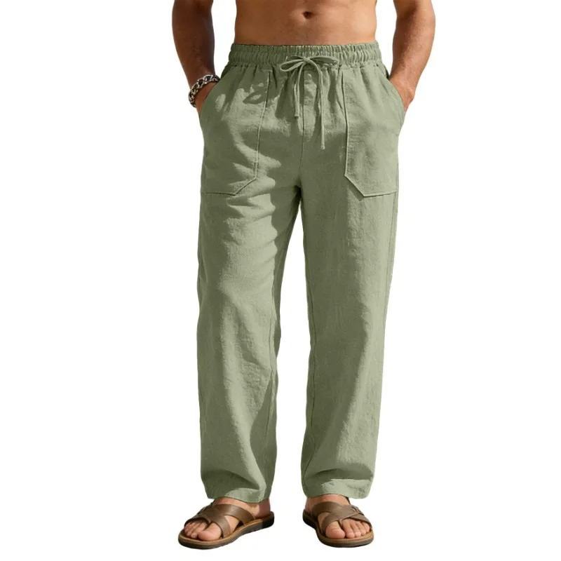 Mens Linen Cotton Loose Wide Leg Drawstring Waist Casual Trousers