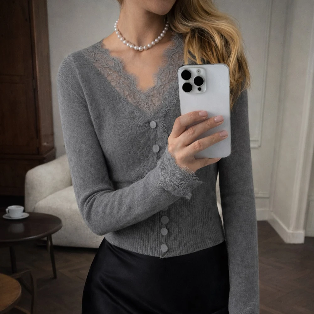 

Talenza Fashion Lace Cardigan Elegant V-Neck Lace Patchwork Knit Cardigan Spring Autumn New Streetwear Commuter Women's Sweaters