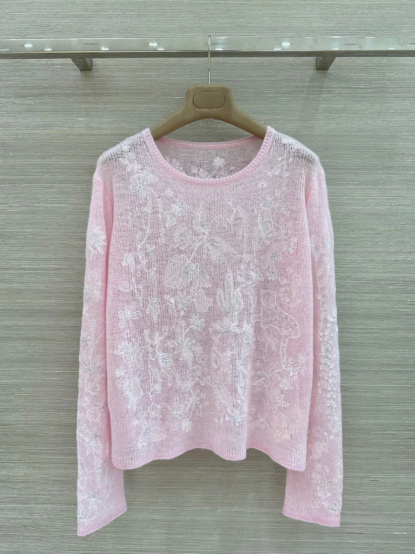 Designer Fine Cashmere Wool Knitted Sweater Women Chic Embroidered Pullover Grey Pink Semi-Sheer Quiet Luxury Jumper