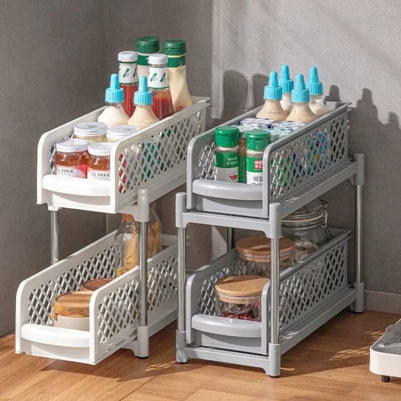 Sliding Sink Storage Rack Two Layer Kitchen Organizer Desktop Bathroom Seasoning Storage Hollow Out Design Versatile Shelf