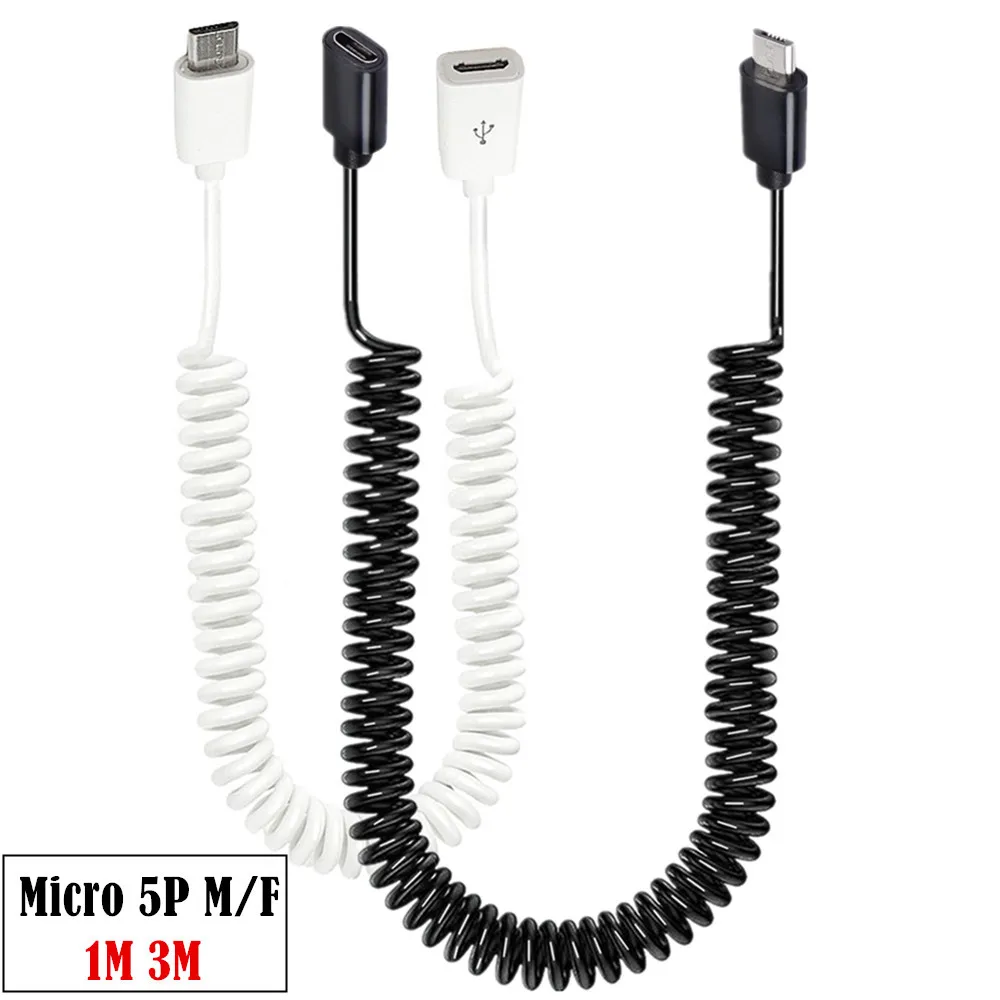 1m/3m USB 2.0 Coiled Micro USB  Male to Micro USB Female Extension Charging Spiral Cable Cord