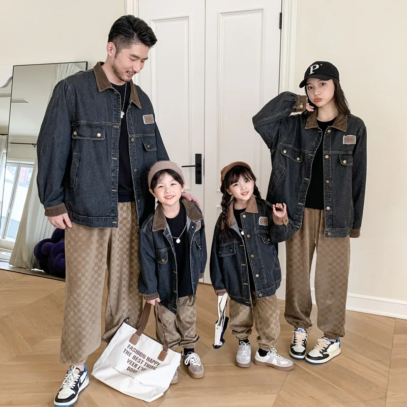 2022 Autumn Parent-child Style Mother and Daughter Clothing Label Retro Denim Jacket Korean Version Ins Net Red Family Jacket