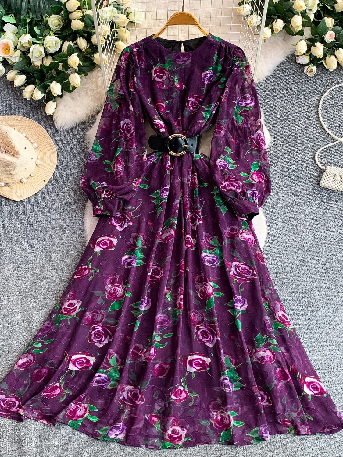 

Romantic Purple Print Long Sleeve round Neck Dress Women's Summer Vintage Belted Waist Slimming Long Skirt Commute Style