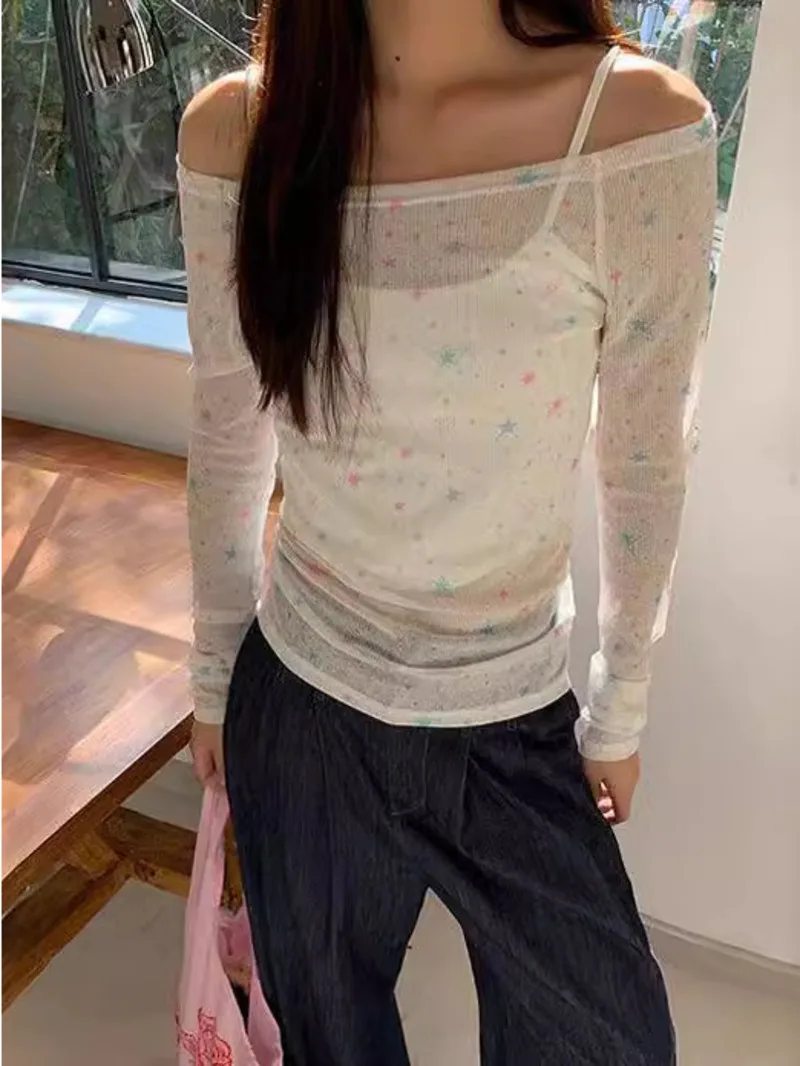 เสื้อยืดแขนยาวป้องกันแสงแดดพิมพ์ลายดาว Y2K ดาวเต็มฉบับภาษาเกาหลี