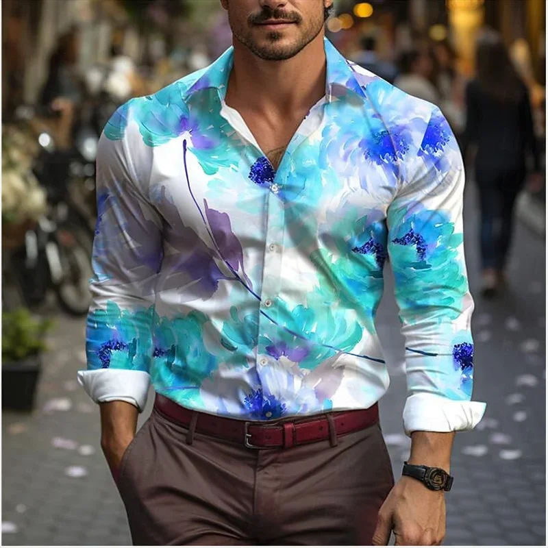 Floral Men\'s Vacation Hawaiian Shirt Street Fake Daily Wear Spring and Summer Cuffed Long Sleeve Shirt Fashion Button Design