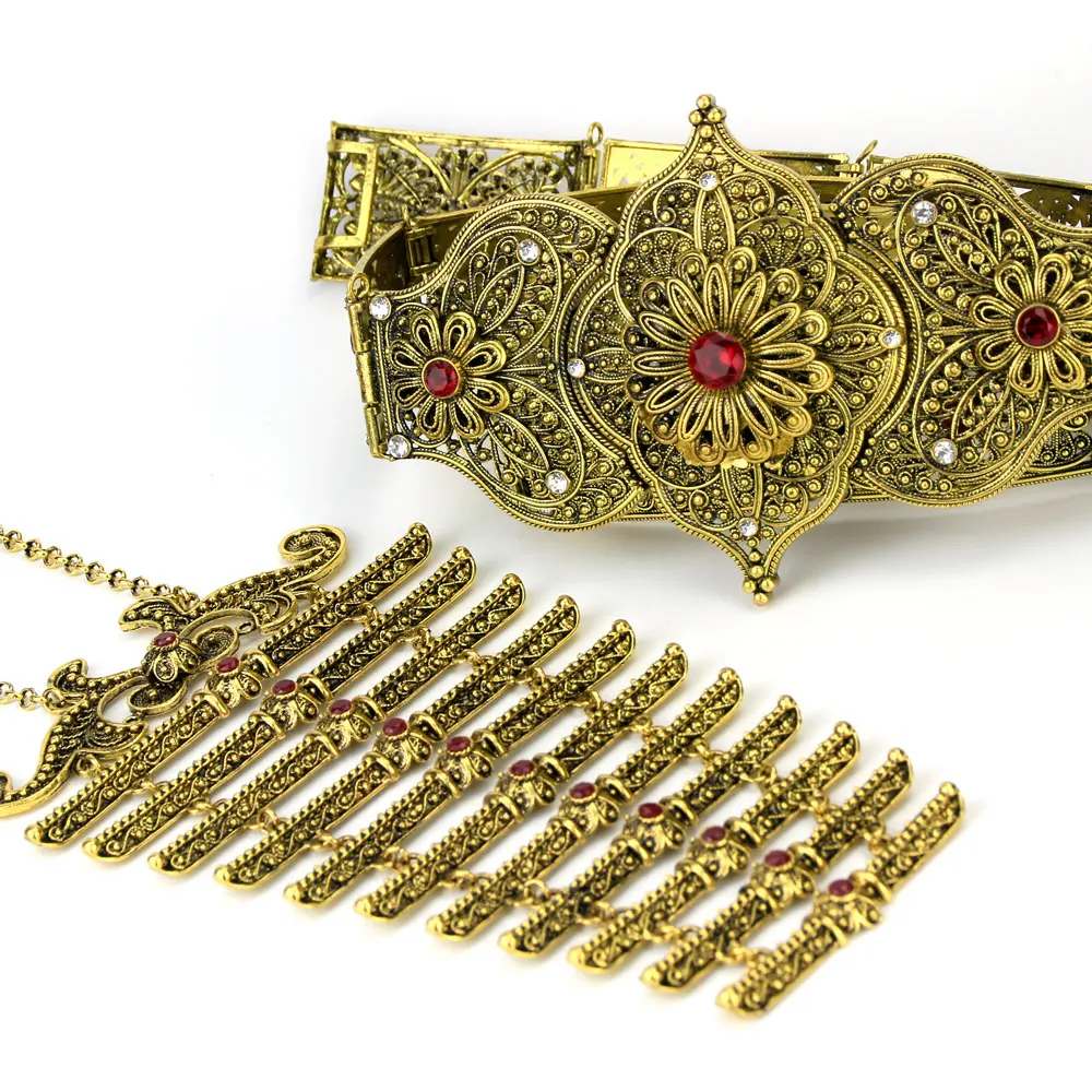Sunspicems القوقاز حزام الصدر مجموعات ل فستان زفاف للنساء عباية مجوهرات ريترو الذهب اللون الأحمر الأخضر حجر الوردي اللؤلؤ جديد #3