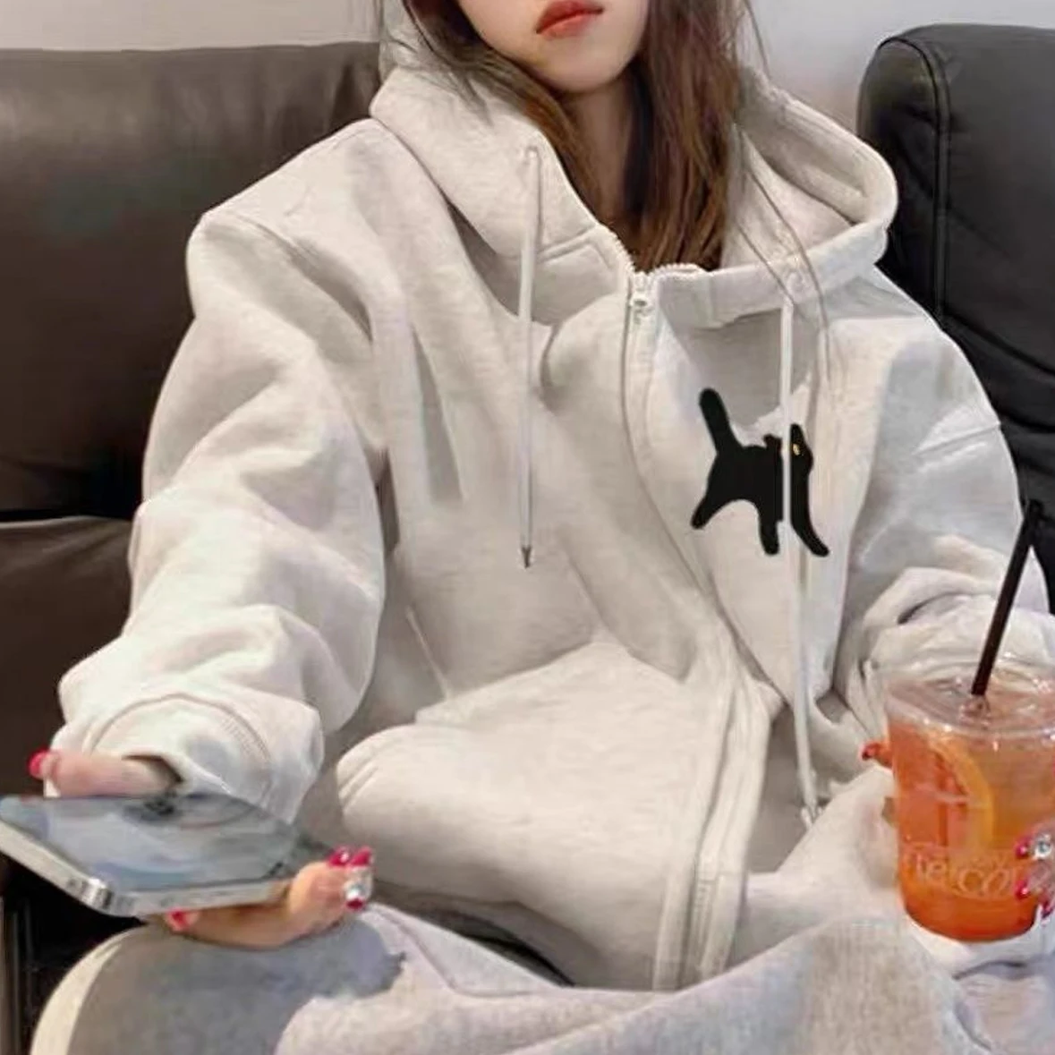 Korean Solid Loose Kpop Cat Print Hoodie Women's Clothing Korean Hooded Zipper Long Sleeve Outwear Casual Y2k Sweatshirts Tops