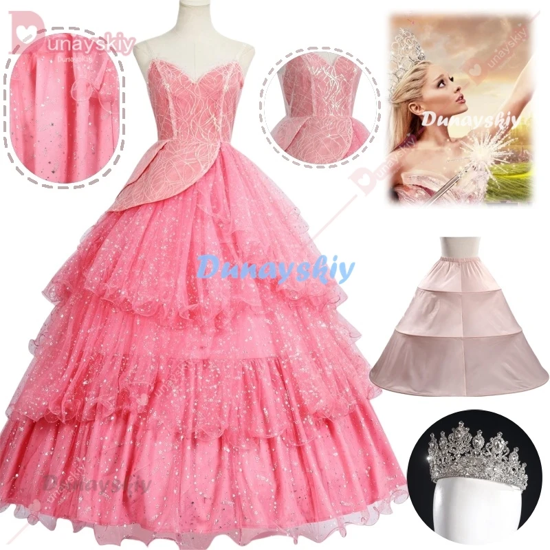 Wicked Glinda-Disfraz de brujas para Cosplay, ropa para fiesta de película, princesas de juegos de rol, traje rosa, vestido de baile, bata, sombrero, 2024