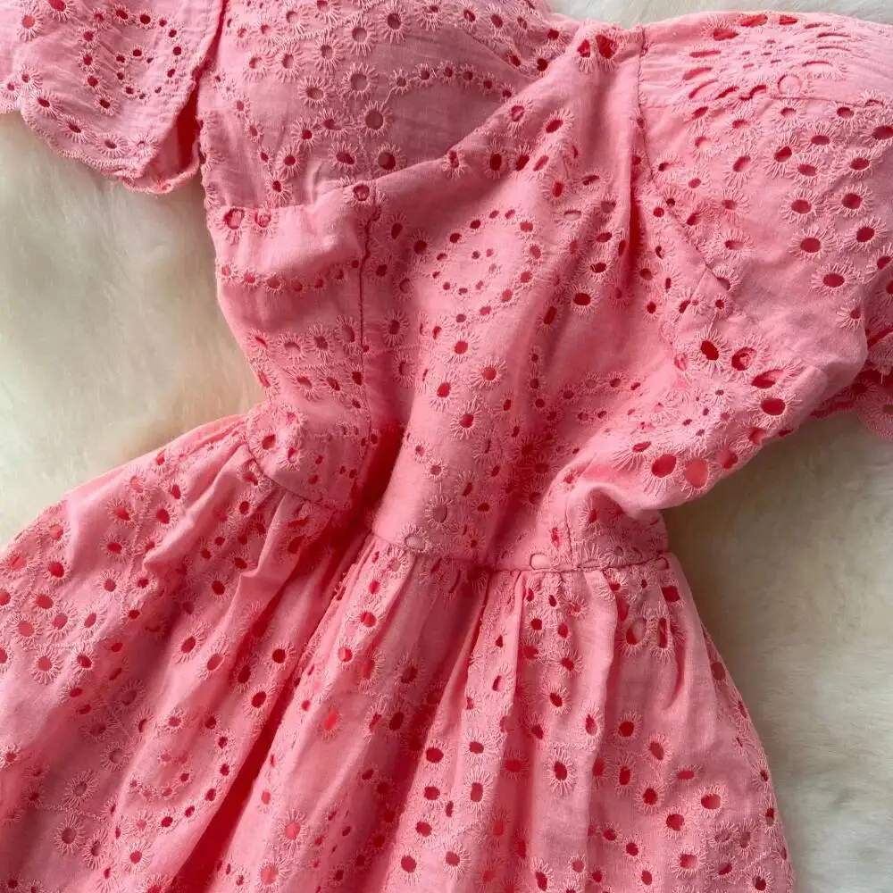 Elegant vintage Chic Embroidery cut out ruffle Dress A-line Casual Sleeve Spring Summer Vacation sweet dresses