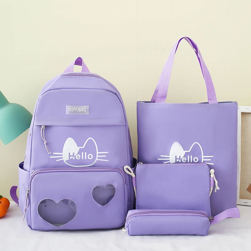 

4 Pcs Sets backpack women hello school bags for girls kid Cute kitten backpack for girls mochilas handbag school bags for girls