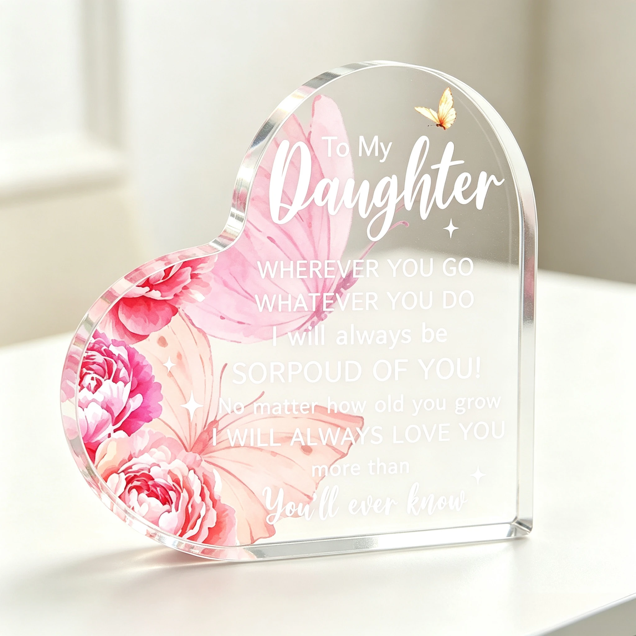 To My Daughter Heart‑Shaped Acrylic Tabletop Plaque, Pink Peony Butterfly Inspirational Desk Keepsake Gift