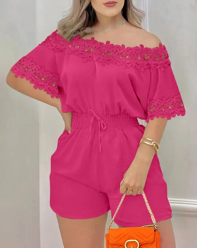 Women's Cold Shoulder Drawstring Shirred Romper Casual Floral Print Off-Shoulder Elastic Waist Jumpsuit