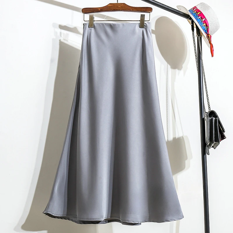 High Waisted A-line Skirt for Women Satin Silk Solid Elegant Skirts Office Lady Elastic Waist Women\'s Long Skirt  2024 Summer