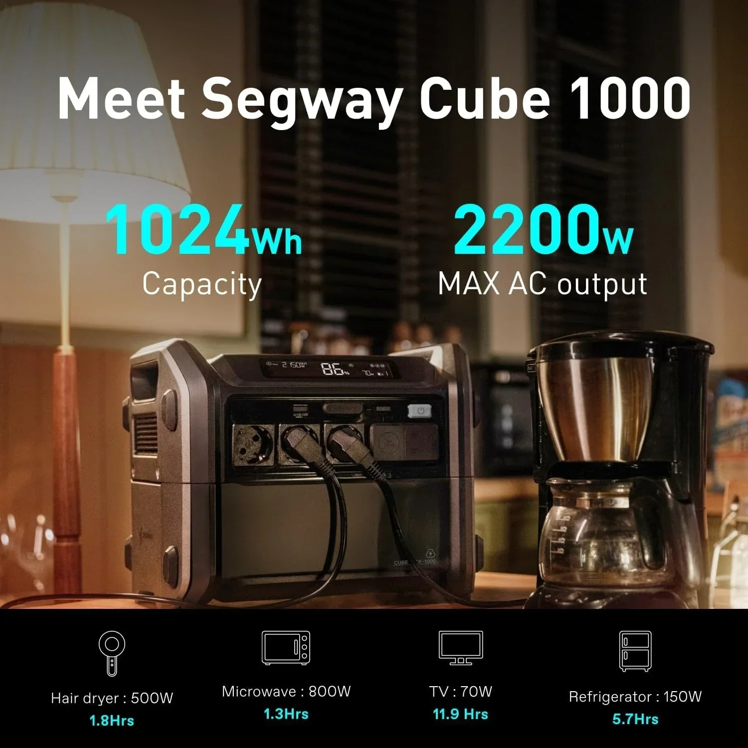 Portable Power Station Cube 1000, 2200W AC Outlets, 1024Wh LiFePO4 Battery, Expandable Battery Capacity