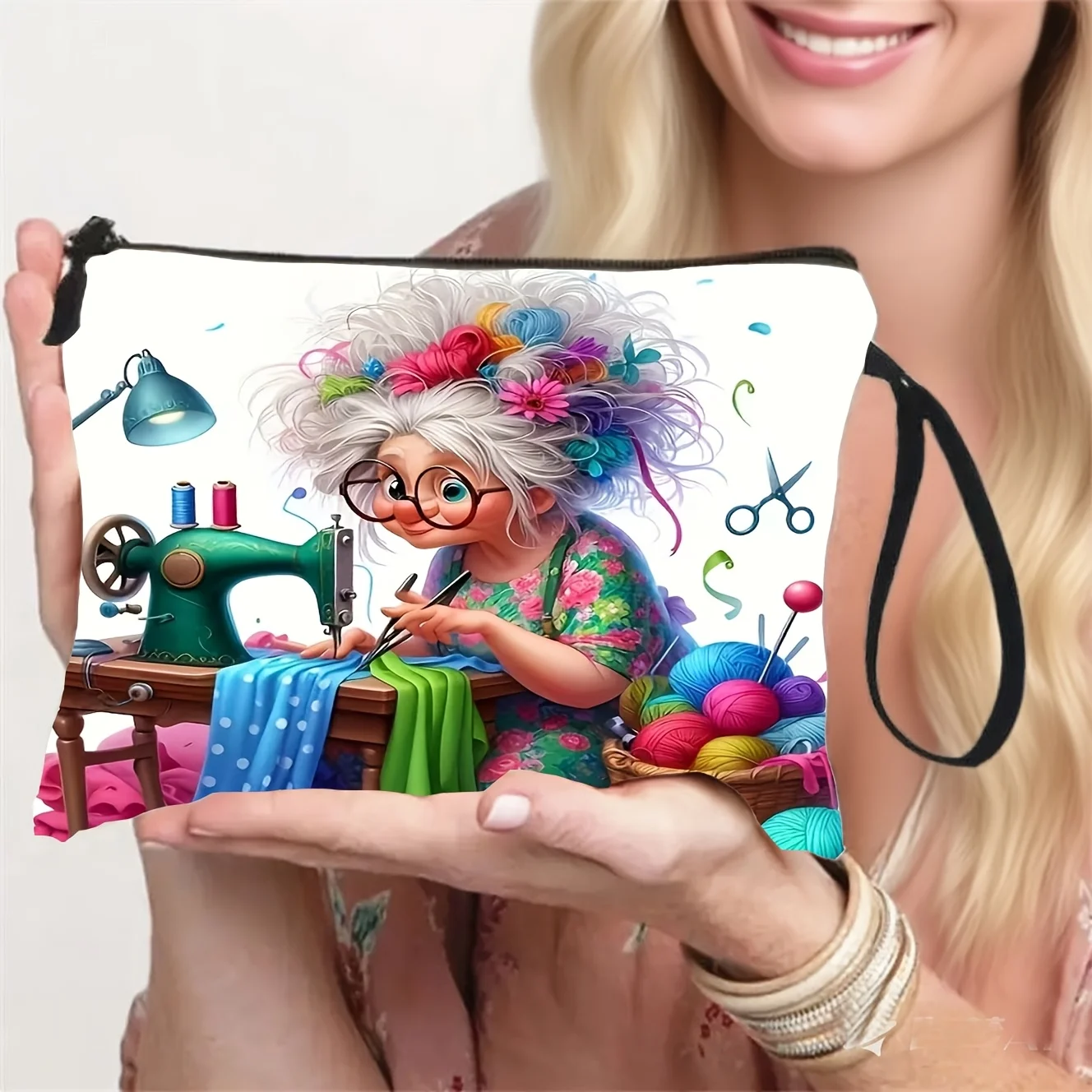Grandma's Sewing Makeup Bag - Colorful Printed Portable Durable Zippered Storage Pouch with   Pencil Case Toiletry B